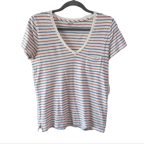 Madewell Whisper Cotton V-Neck Pocket Tee in Brion Stripe h7106 small - Picture 2 of 9